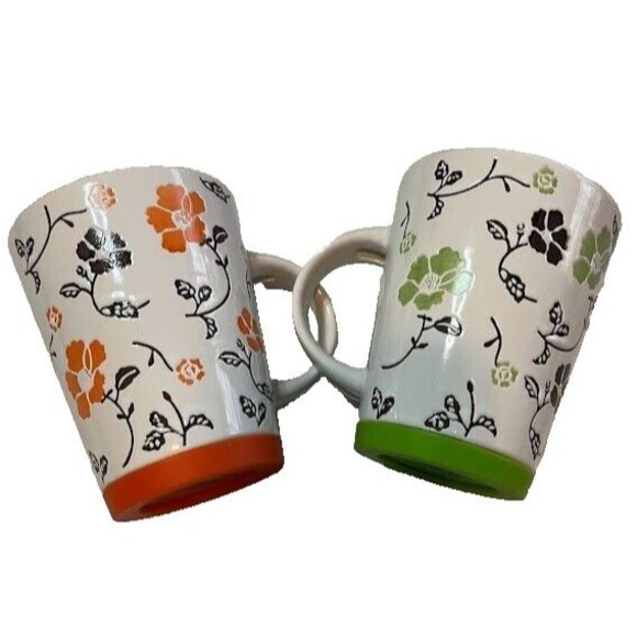 2 Pier 1 12oz White w/Floral Orange & Apple Green Print w/Silicone Bottom Mugs - Picture 1 of 4